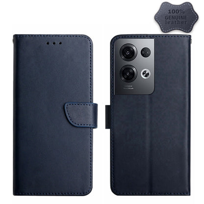 Blue genuine leather flip phone case with folio flap, stitching, and cutout for camera