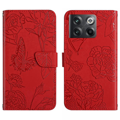 Red butterfly-embossed flip leather phone case with card pocket and magnetic flap