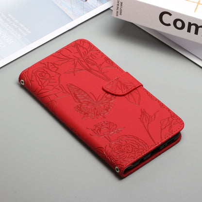 Red butterfly-embossed flip leather phone case with side buttons cutout