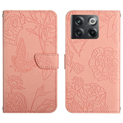 Pink butterfly-embossed flip leather phone case with card pocket and magnetic flap