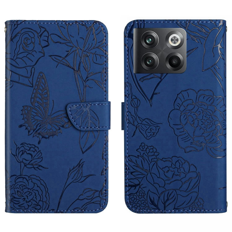 Blue butterfly-embossed flip leather phone case with card pocket and magnetic flap