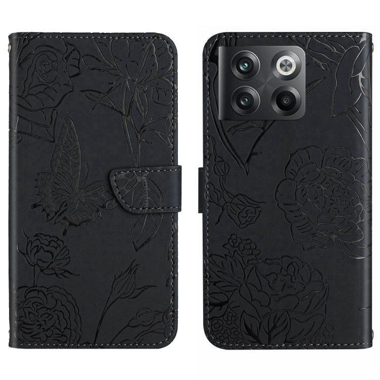 Black butterfly-embossed flip leather phone case with card pocket and magnetic flap