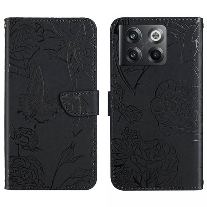 Black butterfly-embossed flip leather phone case with card pocket and magnetic flap