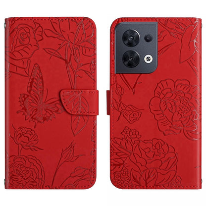 Red embossed butterfly flip leather phone case with stitched fold-over strap