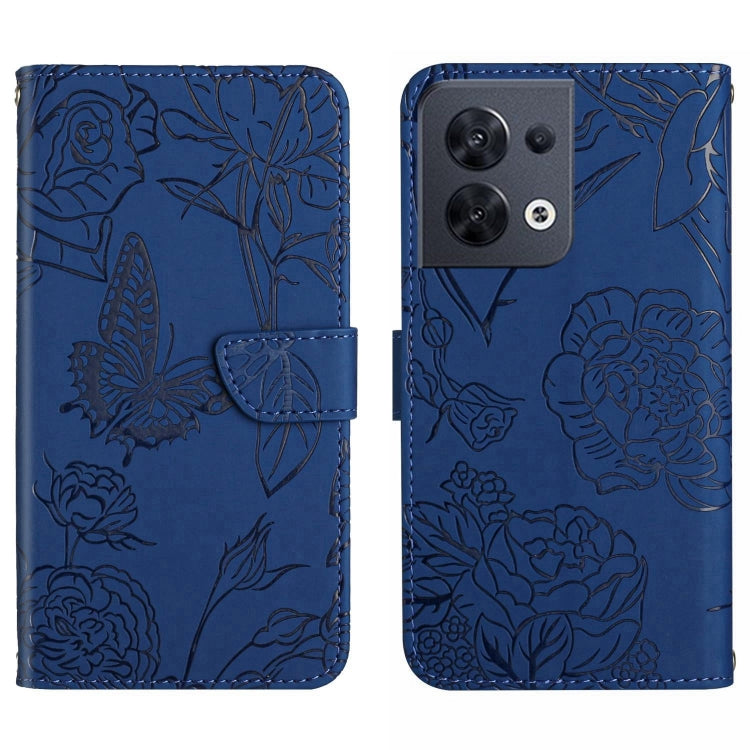 Blue embossed butterfly flip leather phone case with stitched fold-over strap