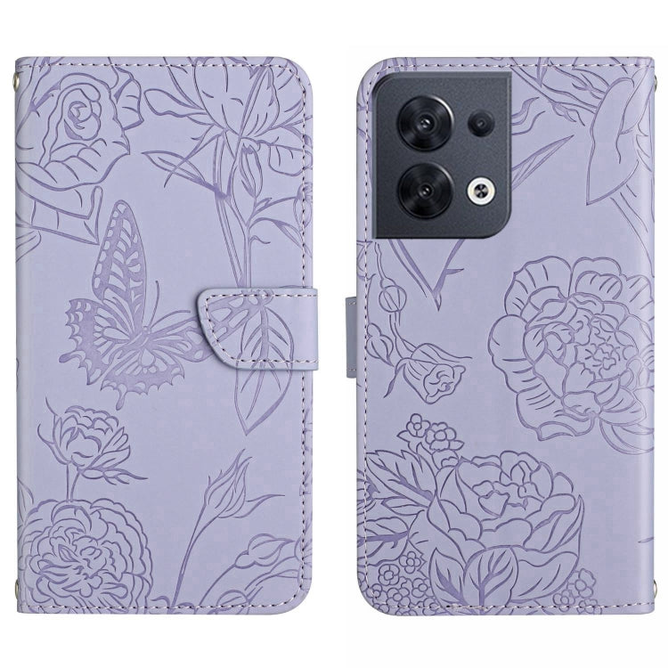 Lavender embossed butterfly flip leather phone case with stitched fold-over strap
