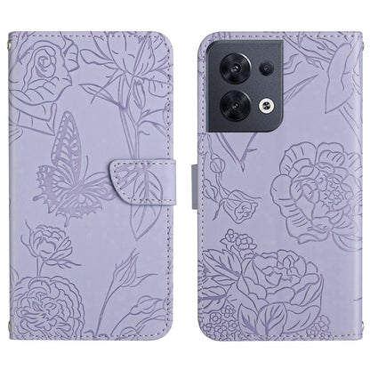Lavender embossed butterfly flip leather phone case with stitched fold-over strap