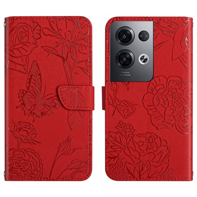 Red embossed butterfly flip leather phone case with camera-cutout detail