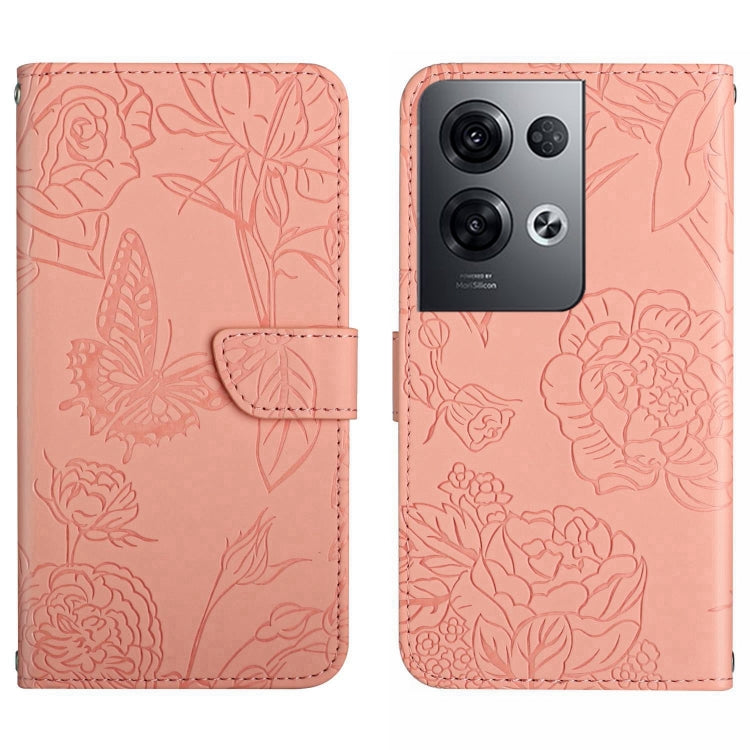 Pink embossed butterfly flip leather phone case with camera-cutout detail