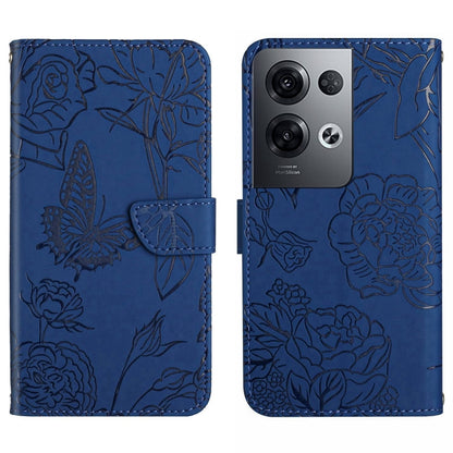 Blue embossed butterfly flip leather phone case with camera-cutout detail