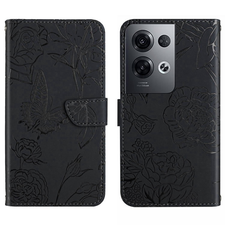 Black embossed butterfly flip leather phone case with camera-cutout detail