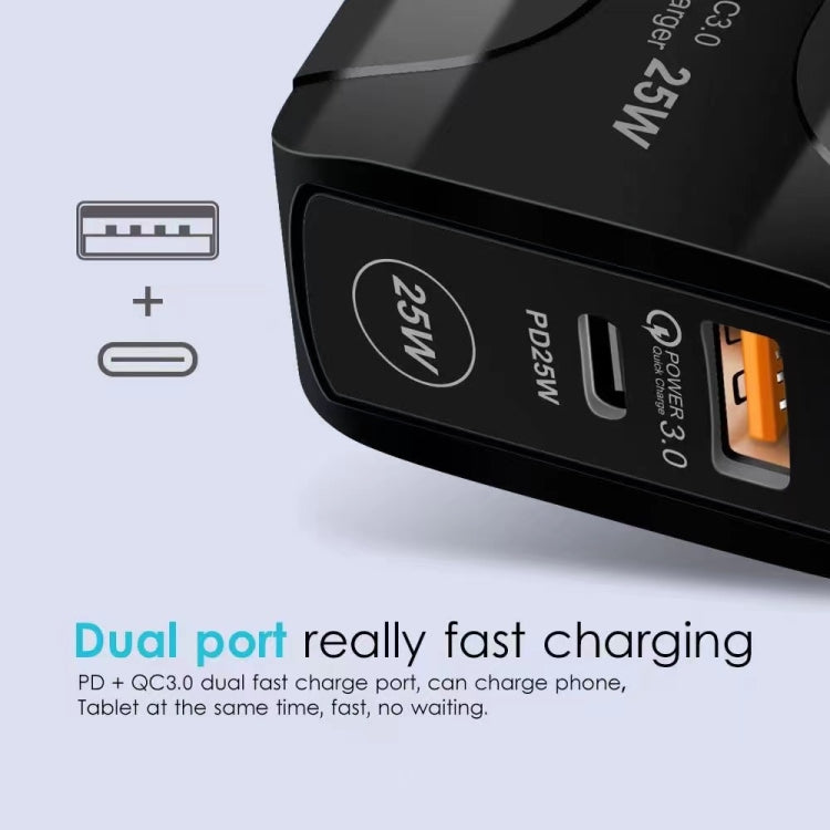25W PD Type-C + QC3.0 USB Ports Travel Charger, US Plug, EU Plug