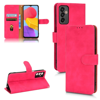 Magnetic flip leather phone case in rose red, wallet-style with card slots and camera cutout.