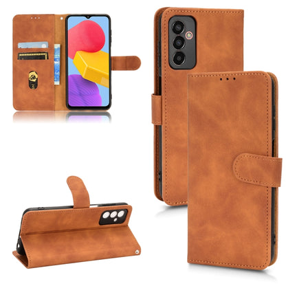 Magnetic flip leather phone case in brown, wallet-style with card slots and camera cutout.