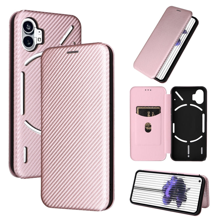 Pink flip phone case with carbon fiber texture and magnetic closure, cartoon face cutouts