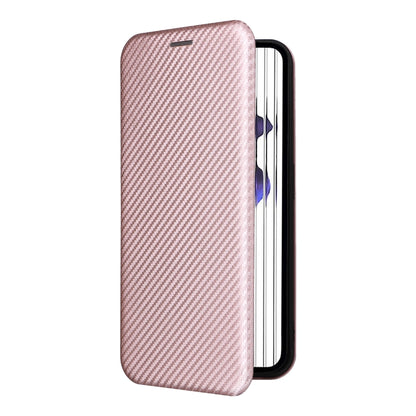 Pink carbon fiber texture flip phone case with magnetic clasp, slim open front cover