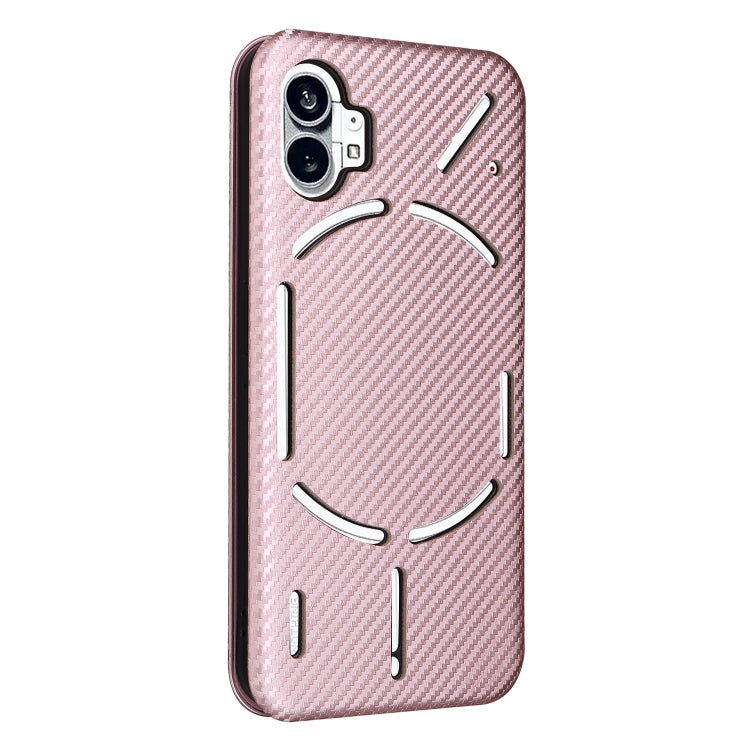 Pink carbon fiber texture phone case with raised cartoon face and camera cutouts