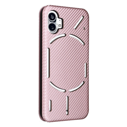Pink carbon fiber texture phone case with raised cartoon face and camera cutouts