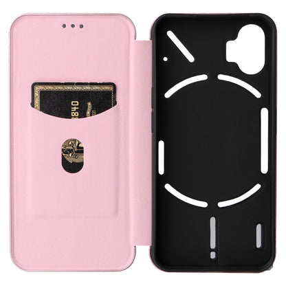 Pink magnetic flip phone case with carbon fiber texture, open wallet-style front and cat icon