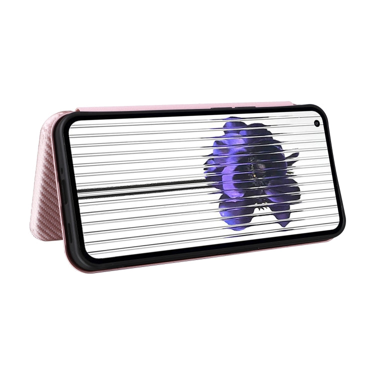 Pink flip phone case showing carbon fiber texture stand view and magnetic front cover