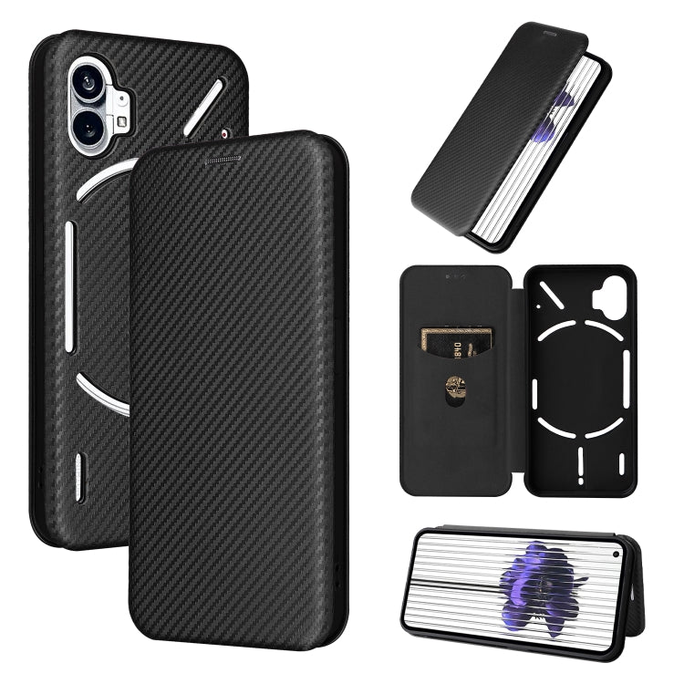 Black carbon fiber texture flip phone case with magnetic closure and cartoon face accents