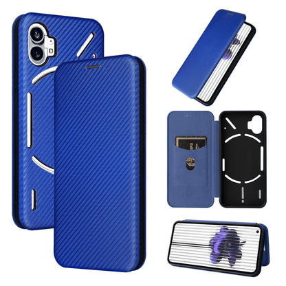 Blue carbon fiber texture flip phone case with magnetic closure and front cartoon face design