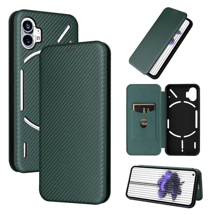 Green carbon fiber texture flip phone case with magnetic closure and cartoon face cutouts
