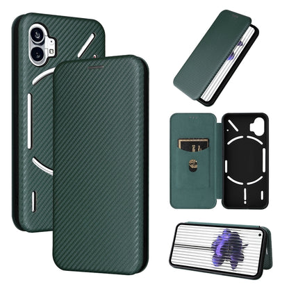 Green carbon fiber texture flip phone case with magnetic closure and cartoon face cutouts