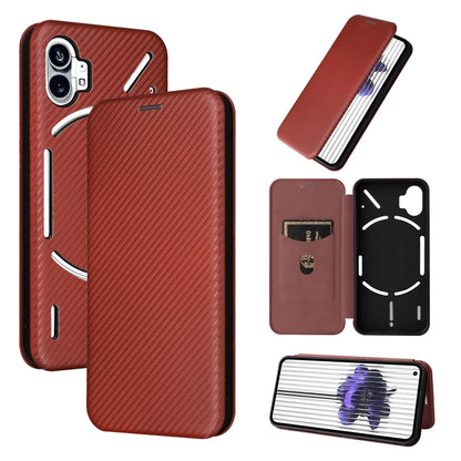 Brown red-toned carbon fiber texture flip phone case with magnetic closure and cartoon face accents