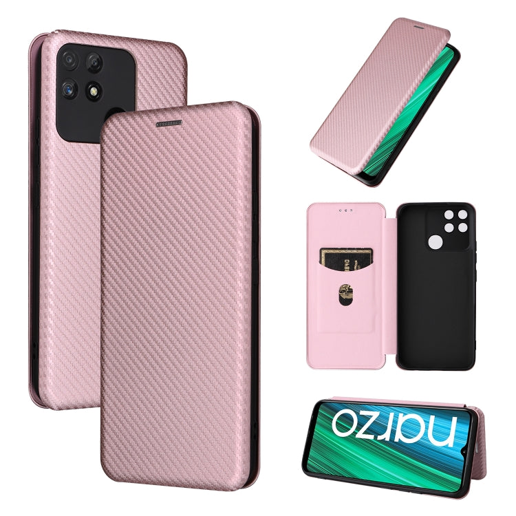 Pink carbon fiber texture magnetic flip phone case with card slot and camera cutout