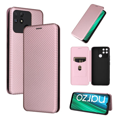 Pink carbon fiber texture magnetic flip phone case with card slot and camera cutout