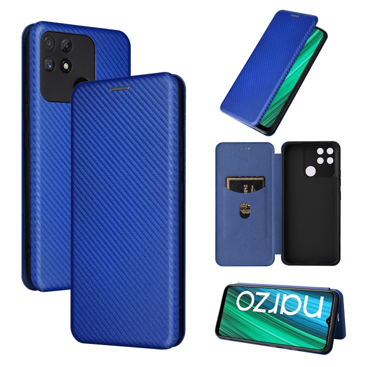 Blue carbon fiber texture magnetic flip phone case with card slot and camera cutout