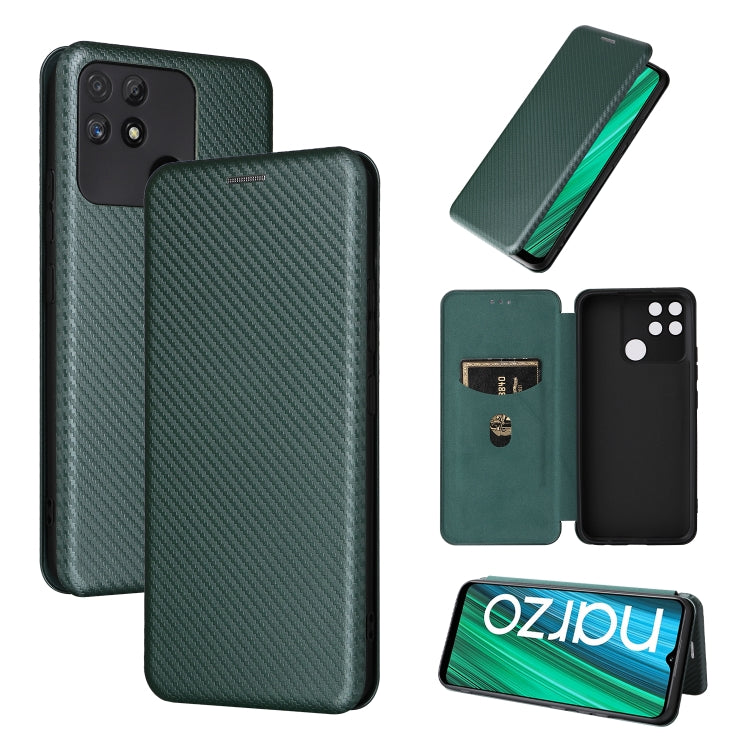 Green carbon fiber texture magnetic flip phone case with card slot and camera cutout