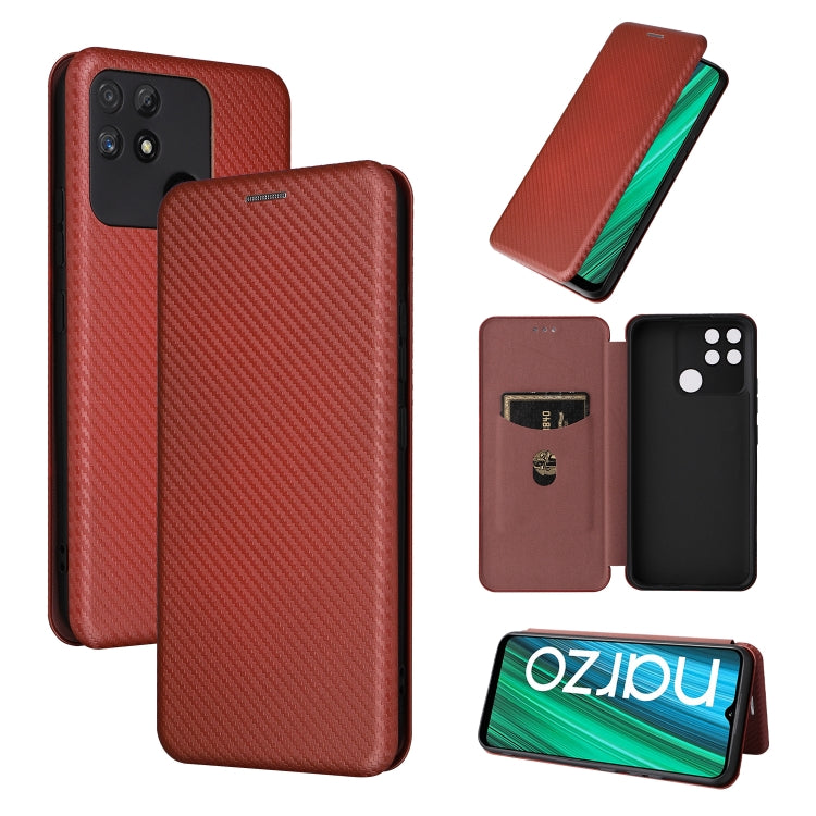Brown carbon fiber texture magnetic flip phone case with card slot and camera cutout