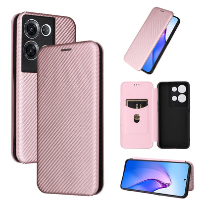 Light pink carbon fiber texture magnetic flip phone case with card slot and camera cutout