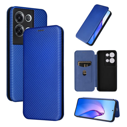 Blue carbon fiber texture magnetic flip phone case with card slot and phone screen view