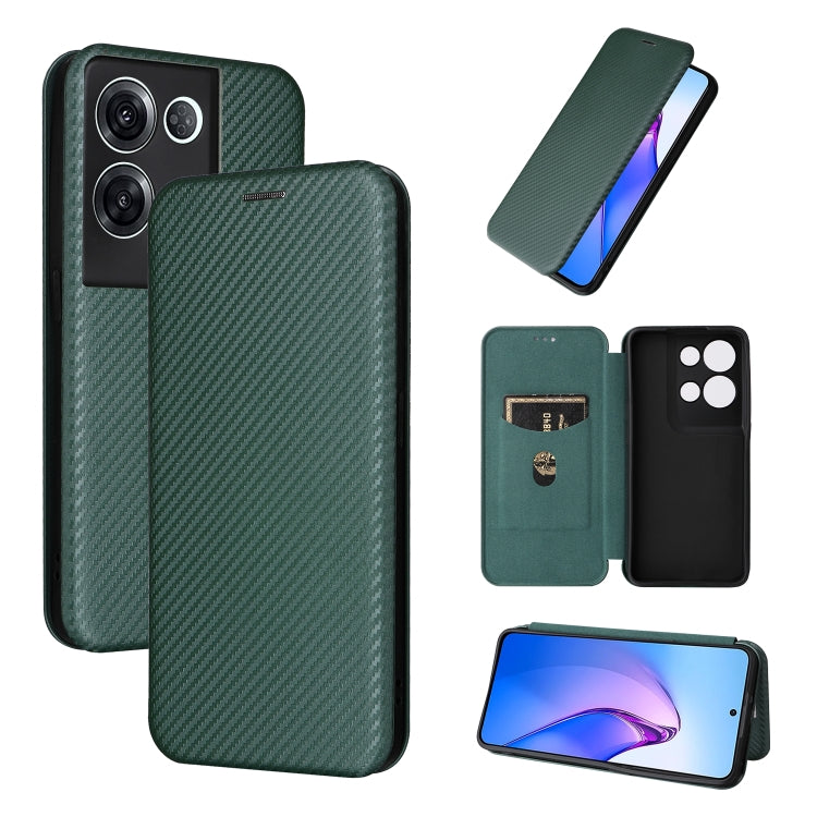 Green carbon fiber texture magnetic flip phone case with card slot and phone screen view