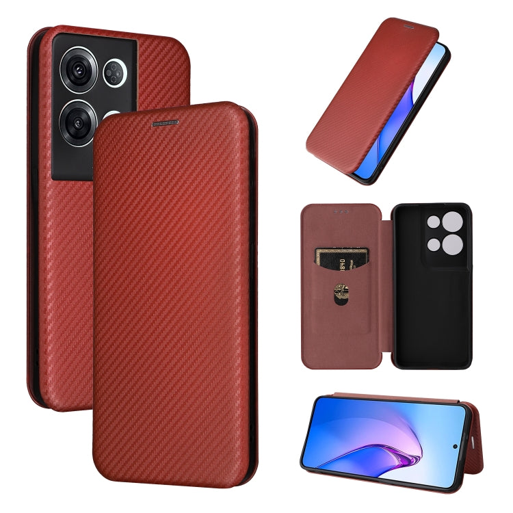 Red-brown carbon fiber texture magnetic flip phone case with card slot and camera cutout