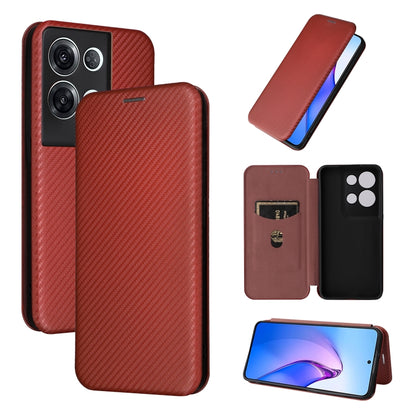 Red-brown carbon fiber texture magnetic flip phone case with card slot and camera cutout