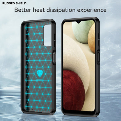 Rugged black TPU phone case with brushed texture and carbon-fiber accents, on phone display
