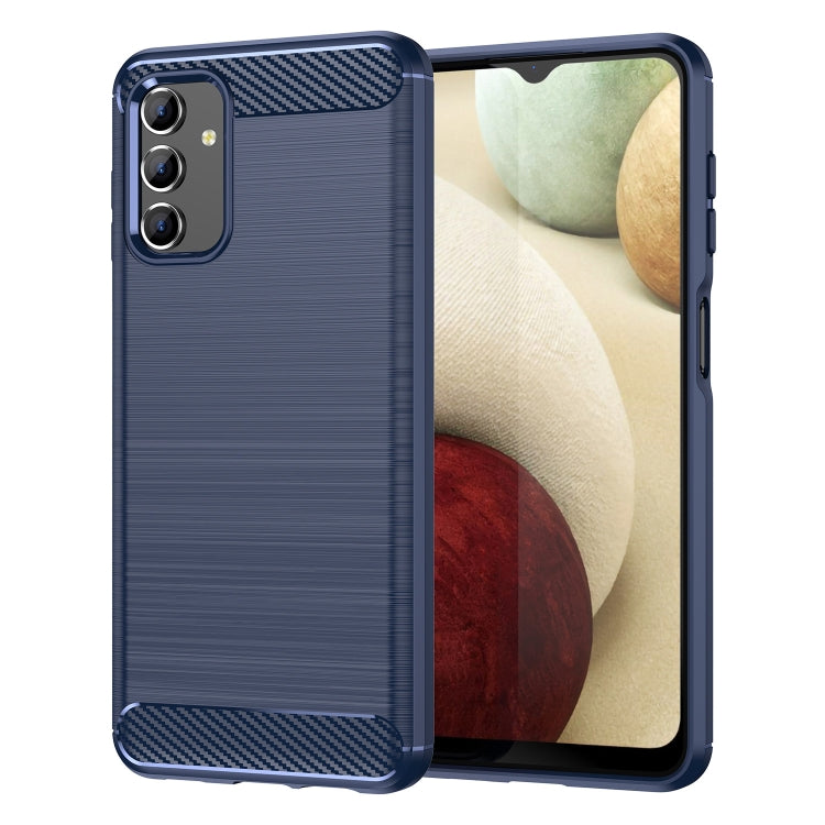 Blue rugged TPU phone case with brushed texture and carbon-fiber pattern corner accents