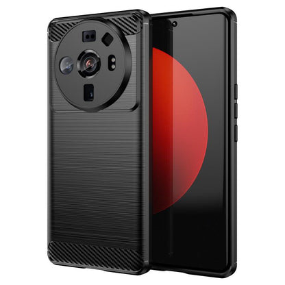 Dark grey rugged TPU phone case with brushed texture, carbon-fiber camera trim, and bumper