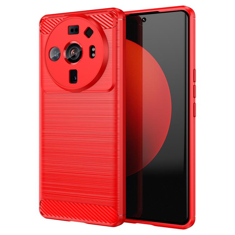 Brushed carbon fiber TPU phone case, red, textured back and raised camera cutouts
