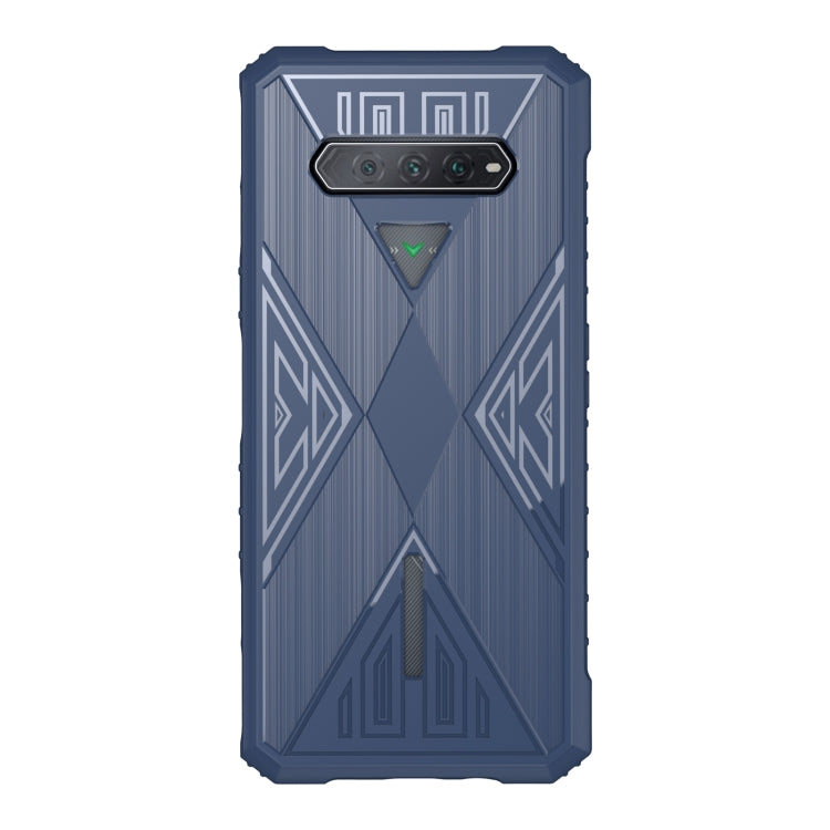 Blue TPU phone case with geometric pattern, camera cutout, and raised bumper edges