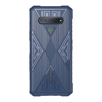Blue TPU phone case with geometric pattern, camera cutout, and raised bumper edges