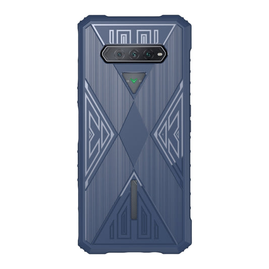 Blue TPU phone case with geometric pattern, camera cutout, and raised bumper edges