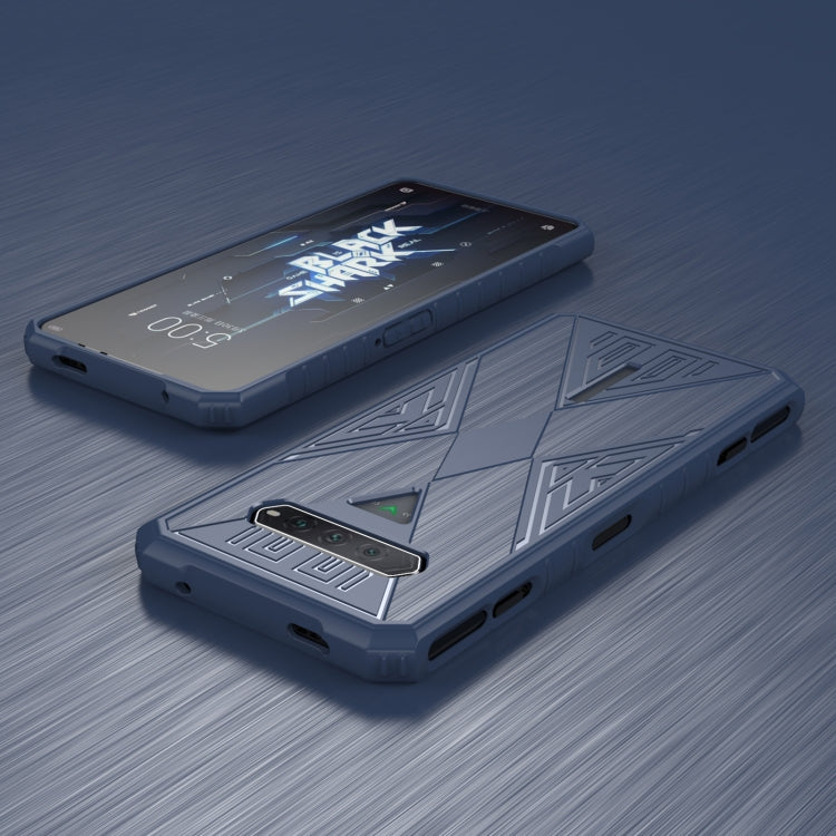 Dark blue shockproof phone case with side port openings and textured back