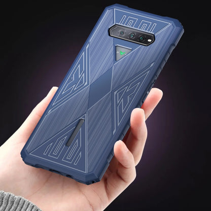 Blue TPU phone case with angular design, camera module cover, and grip-friendly edges