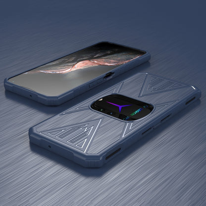 Blue protective phone case with camera cutout and geometric armor-style design