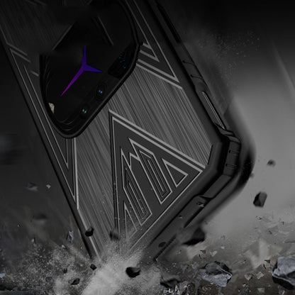 Dark rugged phone case with geometric pattern and raised shockproof corners